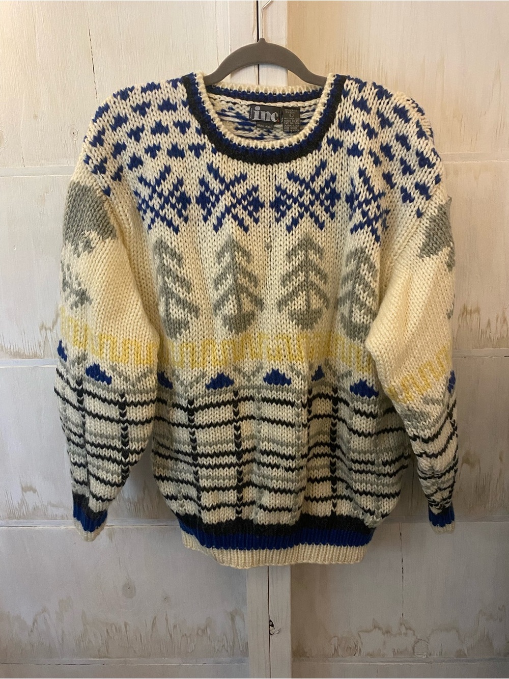 INC International Concepts VintageCrewneck Fair Isle Knit Sweater - Cream & Blue